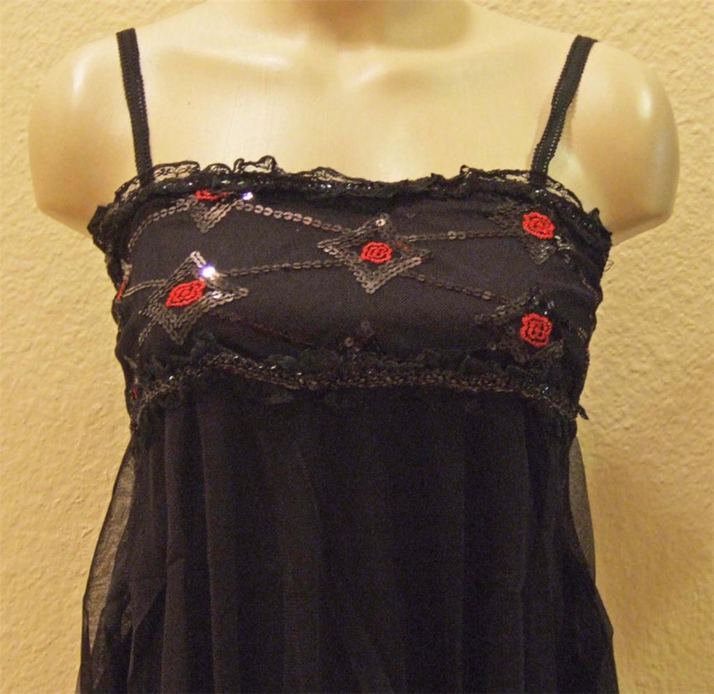 NWT SEXY BLACK EMPIRE TOP W/ RED EMBROIDERED FLOWERS S