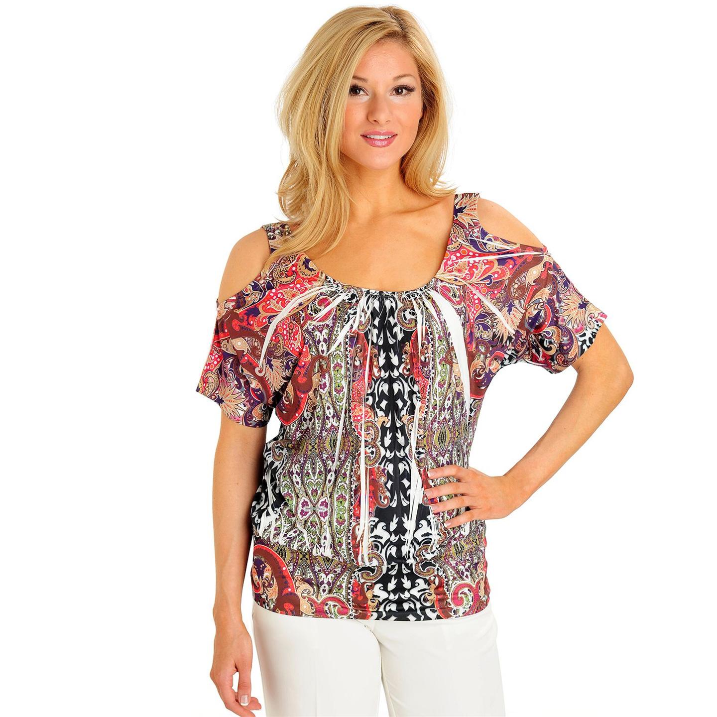 (White) One World Cold Shoulder Banded Bottom Stretch Knit Printed Top