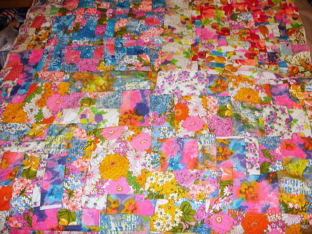 VINTAGE NEON FABRIC LINED QUILT TOP FLOWER POWER 60's TIE DYE SUPER BRIGHT WOW!