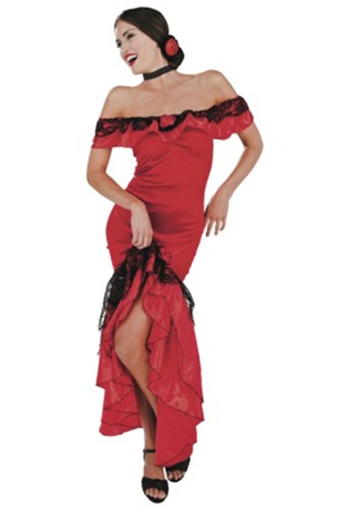 Senorita Sexy Spanish Woman Dancer Costume Adult Red W Black Lace Dress Ebay
