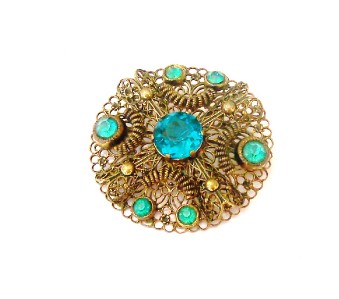 Signed Czecho Goldtone Filigree Pin Sea Blue Stone c.20