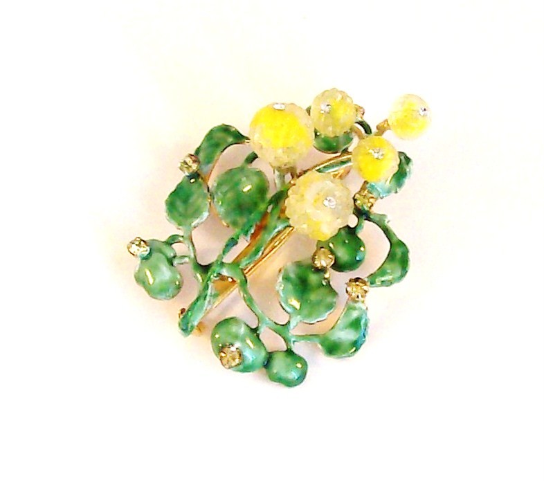 Signed Sandor Enameled Flower Brooch Art Glass c. 1950