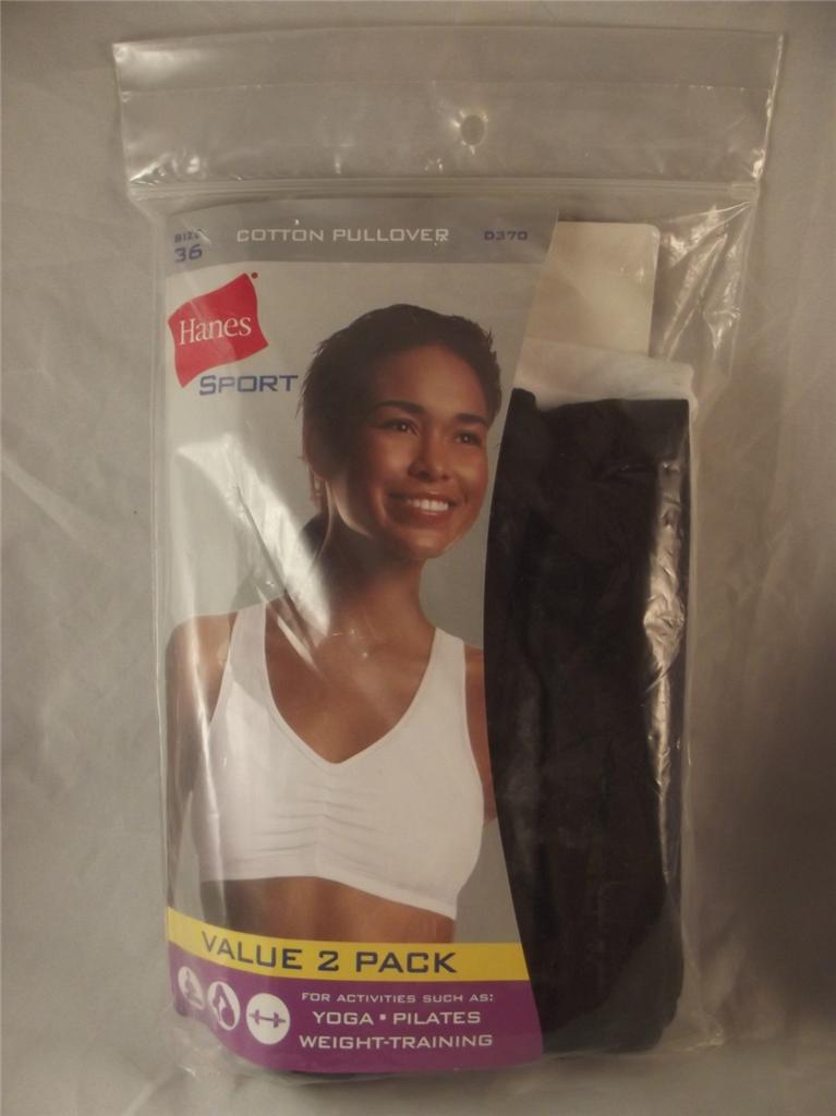 Hanes Sport Bra Black White Cotton Pullover Low Impact D370 Size Choice