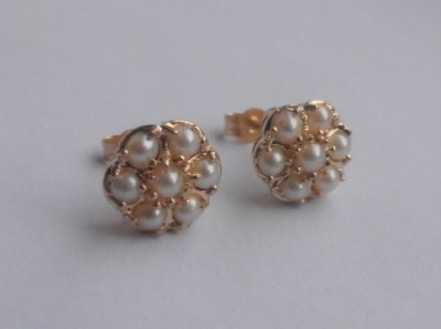 cluster 9ct cultured stud genuine pearl earrings yellow gold