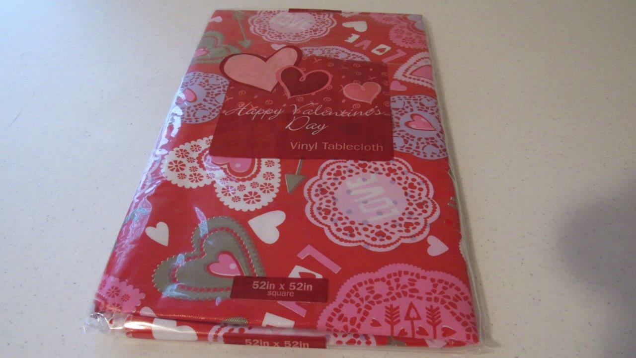 Valentine's Day Vinyl Tablecloth Conversation Hearts Love XO Lace Arrow