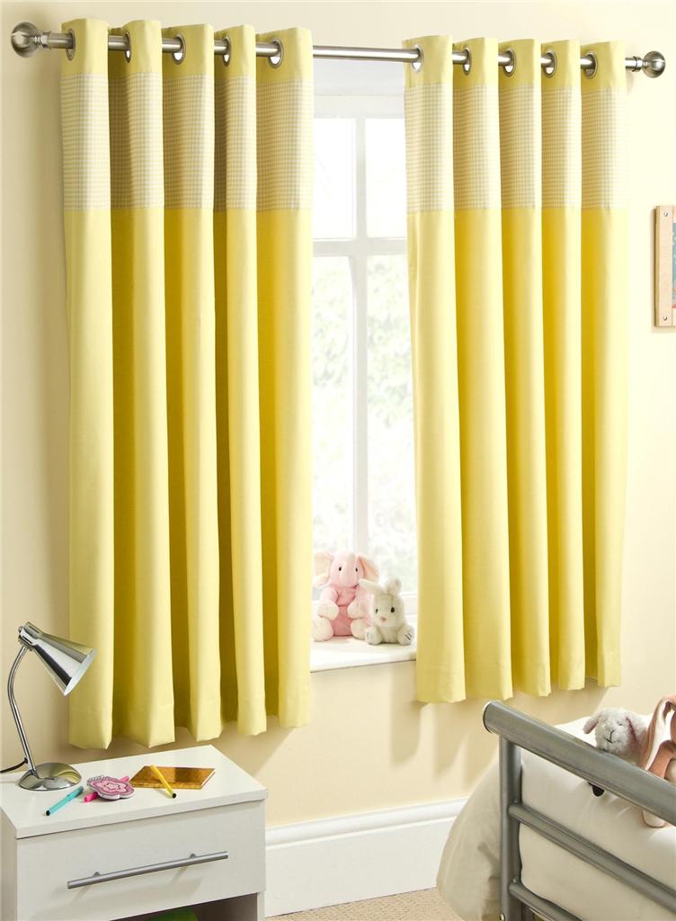 CHILDRENS YELLOW GINGHAM THERMAL BLACKOUT EYELET RING TOP CURTAINS