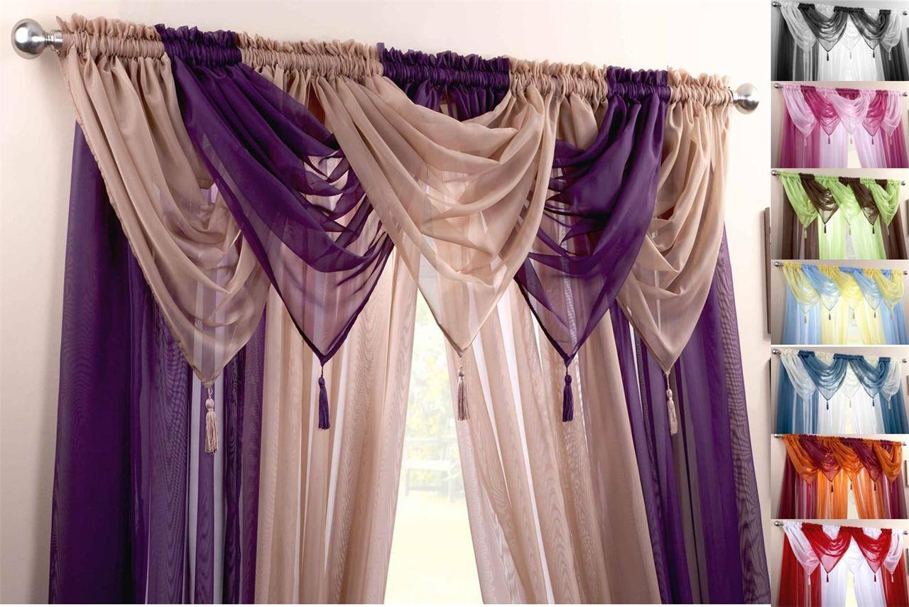 PURPLE & COFFEE VOILE SWAGS & CURTAIN PANELS 9 PEICE SET 48" 54" 72