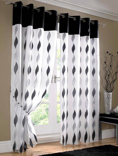 Wave noir, argent & blanc doublé voile anneau double rideaux à ... Désign rideaux Double