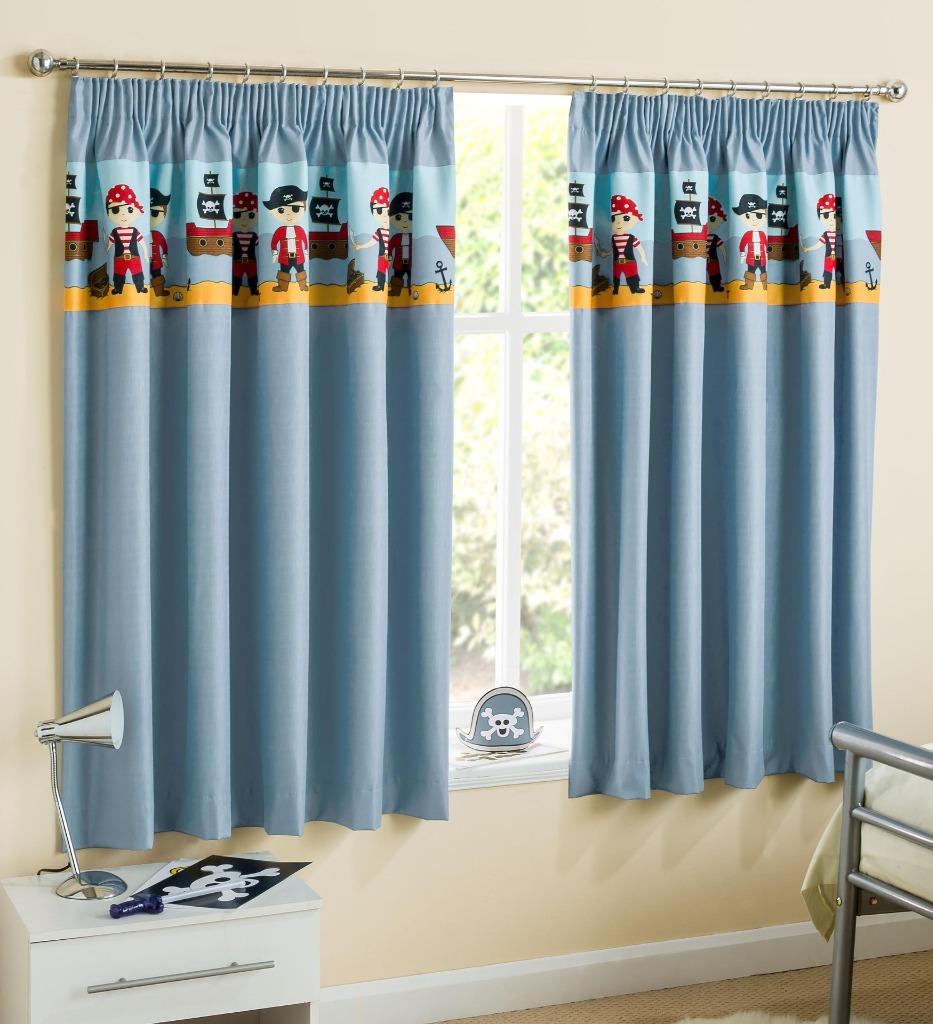 CHILDRENS CARTOON BABY BLUE PIRATES PENCIL PLEAT BEDROOM CURTAINS