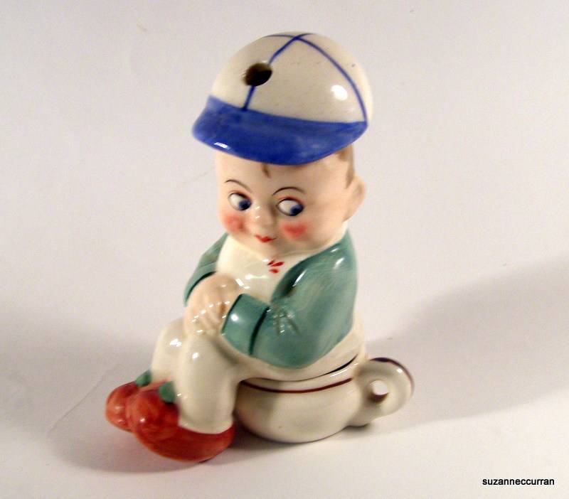 Antique German Painted Porcelain 3 Piece Potty Boy on Chamber Pot Piano