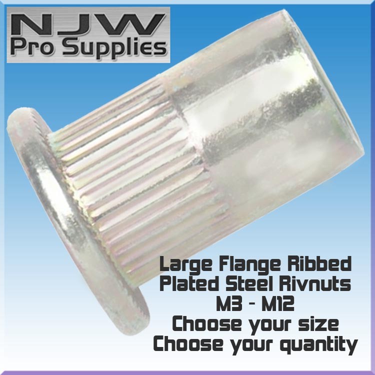 STEEL RIBBED RIVNUTS LARGE HEAD RIVNUT NUTSERT PLATED RIVET NUTS METRIC SIZES
