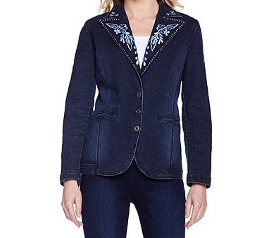 Women's Fall Spring Embroidered&Studded Denim Blazer Jean Jacket plus