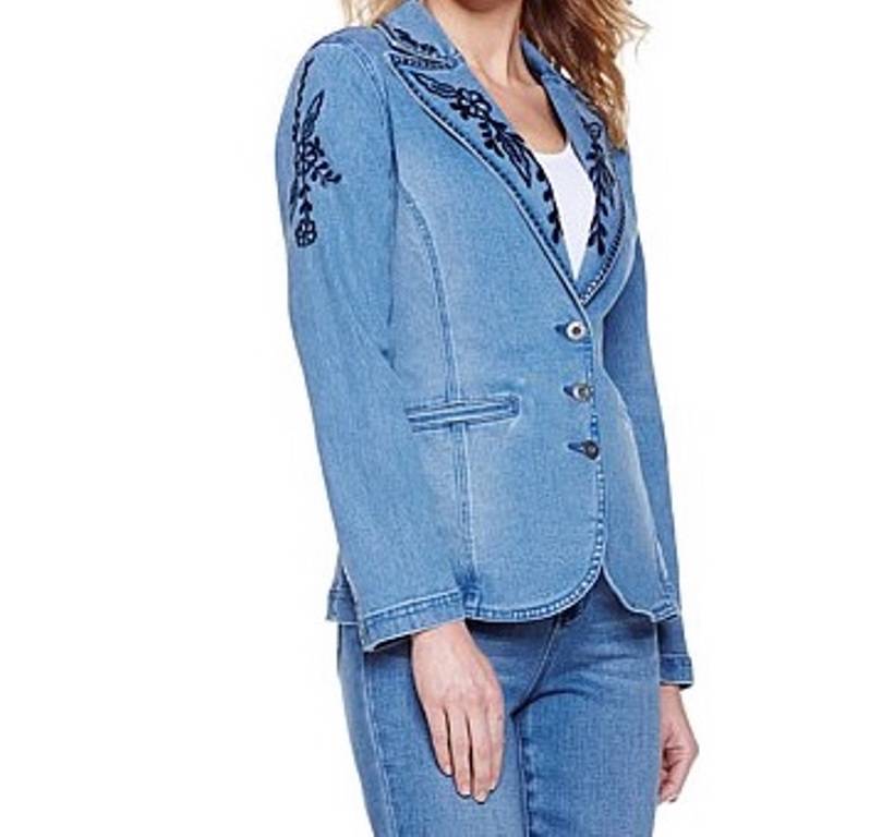 Women's Fall Spring Embroidered&Studded Denim Blazer Jean Jacket plus