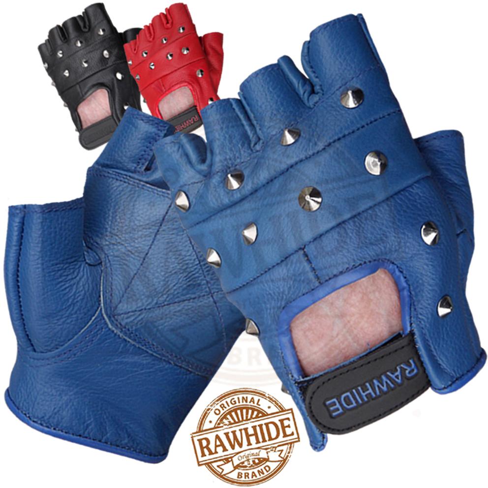 LEATHER FINGERLESS GLOVES RED BLUE BLK POINTED STUDS BLK FLAT STUD KNUCKLE HOLES eBay