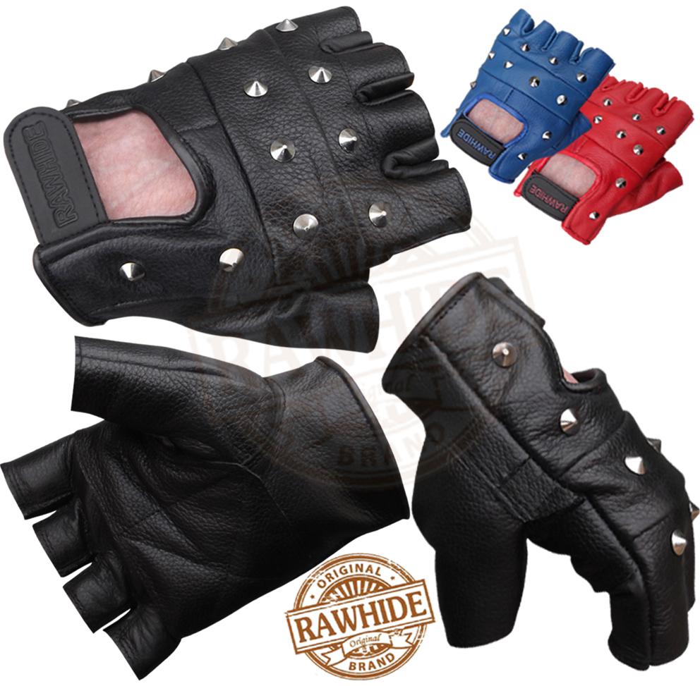 LEATHER FINGERLESS GLOVES RED BLUE BLK POINTED STUDS BLK FLAT STUD KNUCKLE HOLES eBay