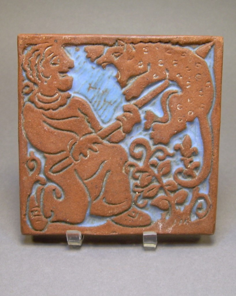 Vintage Antique c1920 Batchelder Pottery Arts & Crafts Tile Man and Dog