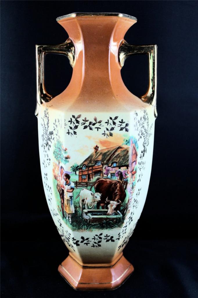 Antique English Countryside Gilt Porcelain Mantle Vase