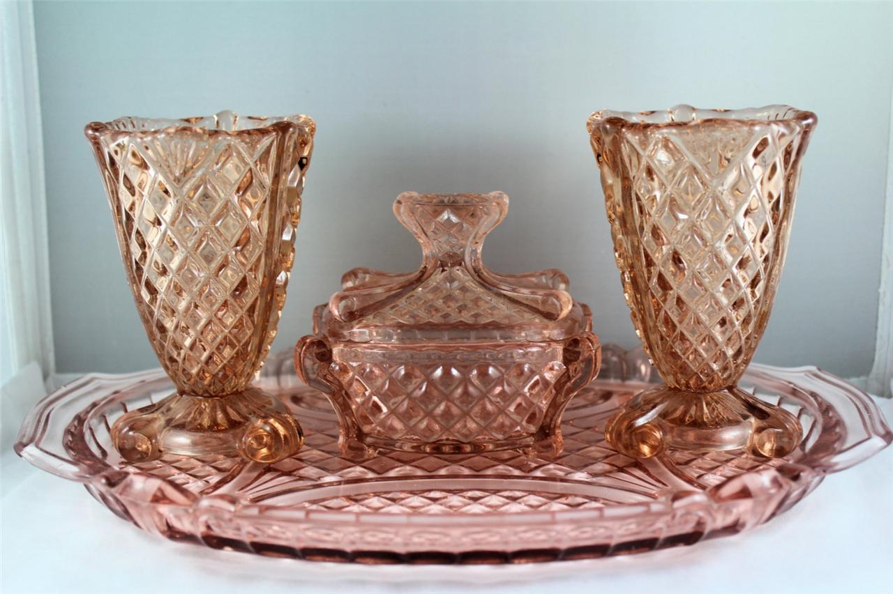 Antique Pink Depression Diamond Cut Glass Vanity Set