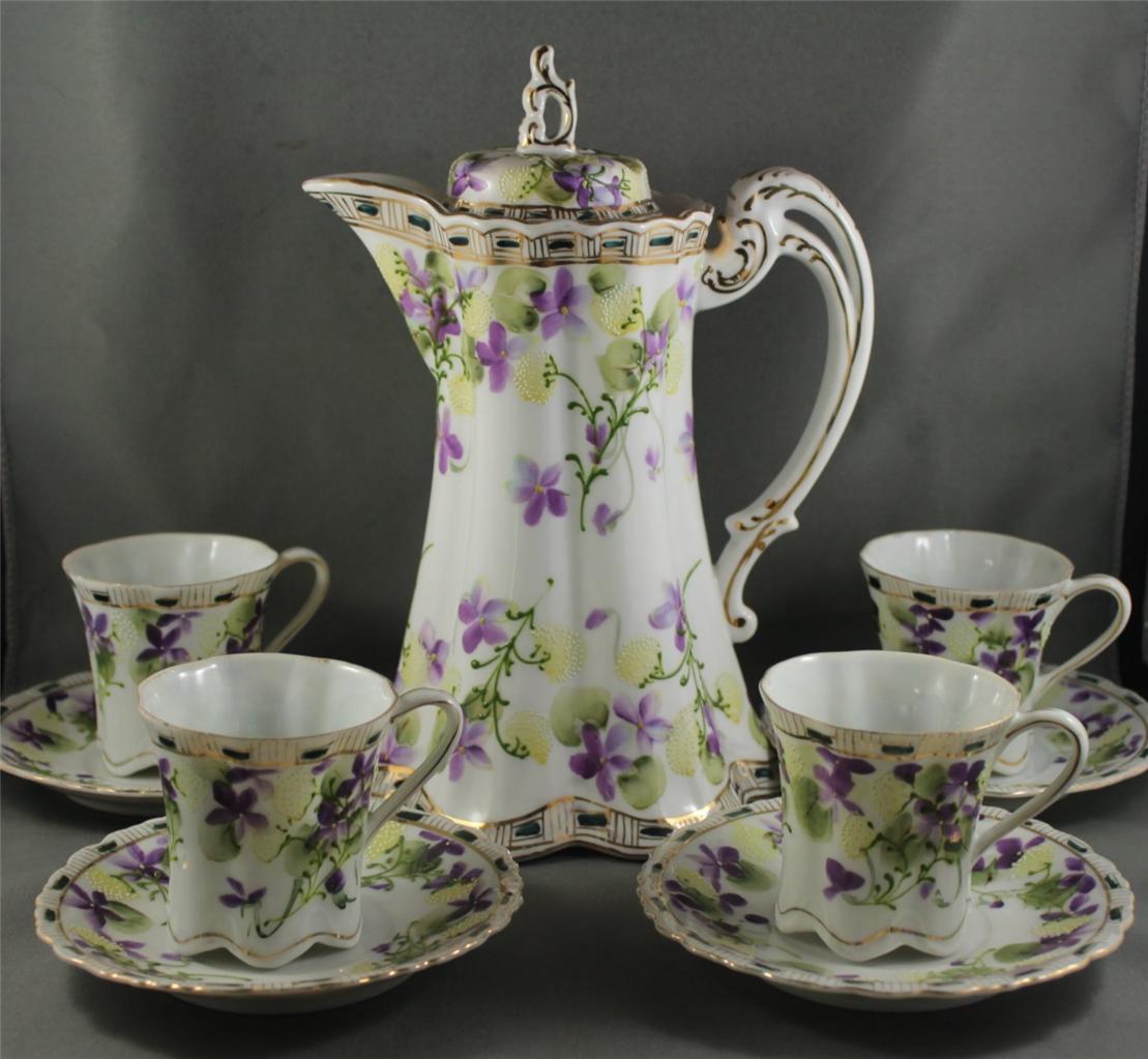 Vintage Nippon Hand Painted Purple Violets 10pc Chocolate Set