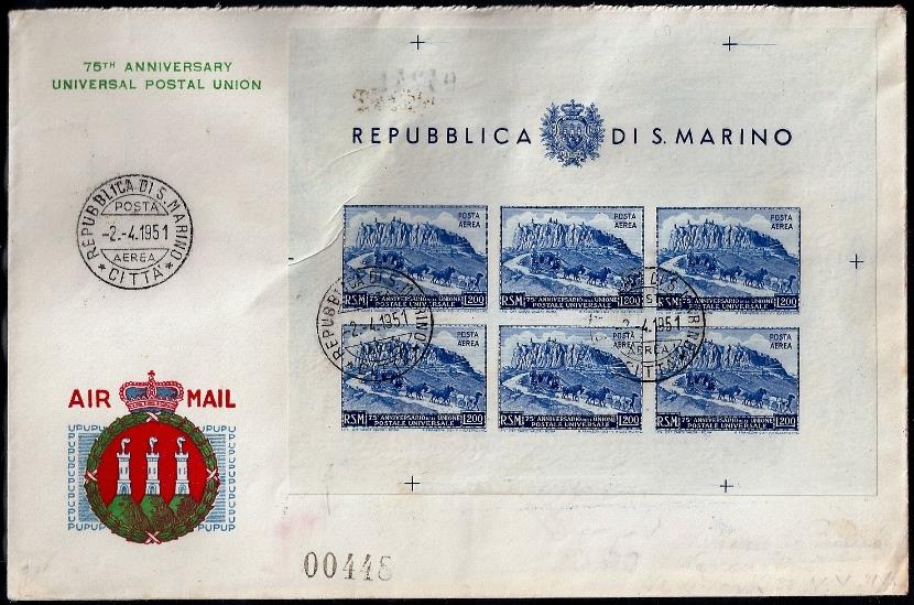 FDC San Marino 1951: Foglietto UPU Lire 200 [Non Dentellato] Busta 1° Giorno - Foto 1 di 1