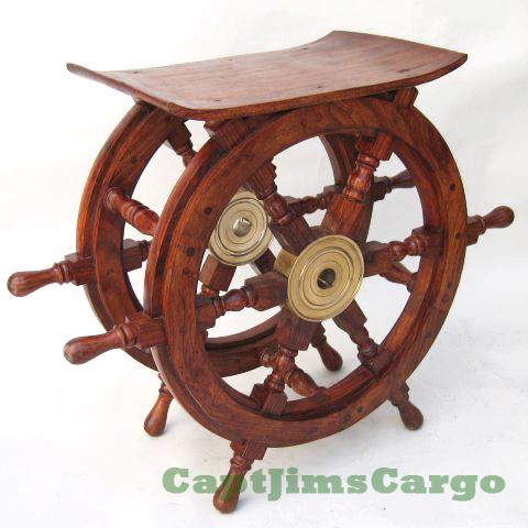 NAUTICAL SHIPS BOAT STEERING WHEEL TEAK WOOD END TABLE