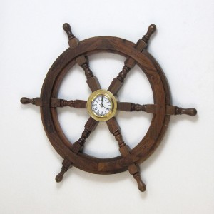 Nautical Teak Wood Ships Steering Wheel Clock Brass