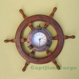 Iron Porthole Clock Ships Teak Wood Steering Wheel