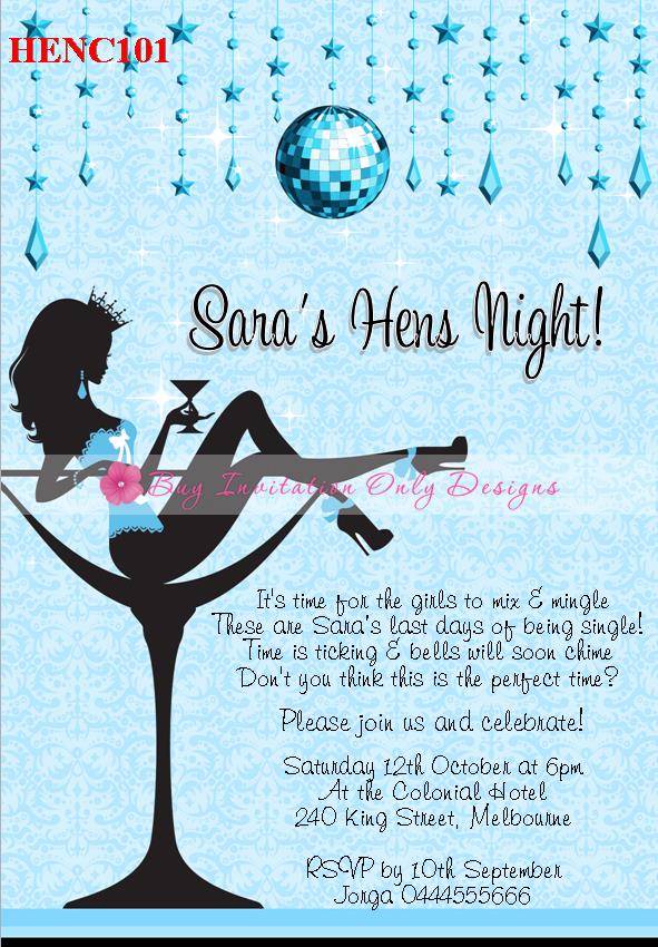 $1ea Hens Night Burlesque Champagne Glass Cocktail Invitations 18th