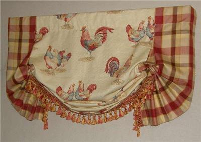 Country Plaid Curtains on Country Balloon Valance Curtain Red Gold Rooster Toile Plaid Trim