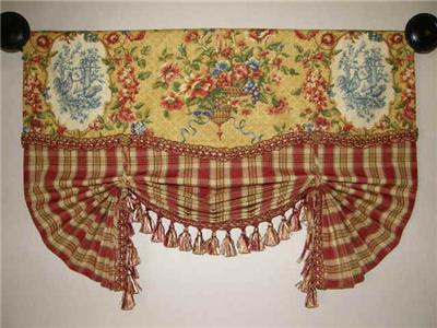 Valance Balloon Curtain Gold Waverly Toile Plaid Trim
