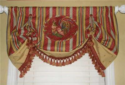 Custom Balloon Valance Waverly Fabric Toile Stripe Rooster