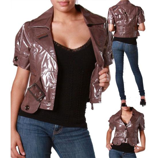 IL-13-S-M-L-XL-Short-Sleeve-Collared-Buckle-Buttons-Crop-Rain-Jacket-Brown