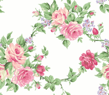 Wallpaper Classic Pink Roses Rose Green Vine on White