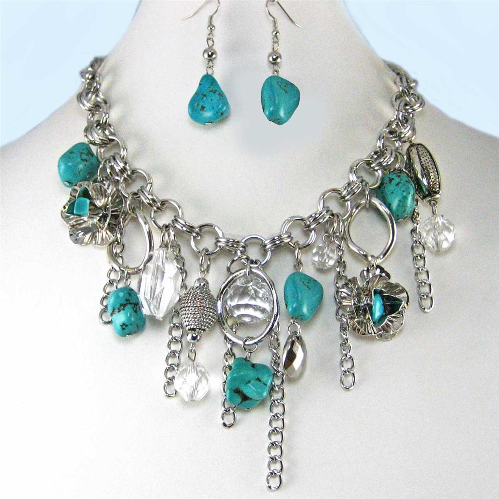 Chunky Turquoise Flower Crystal Earrings Necklace Set ...