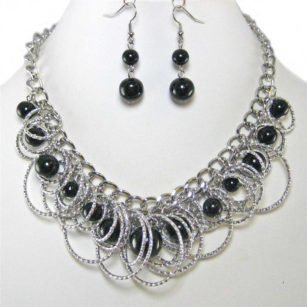 Chunky Multi Circle Dangle Black Pearl Bead Costume Jewelry Earring