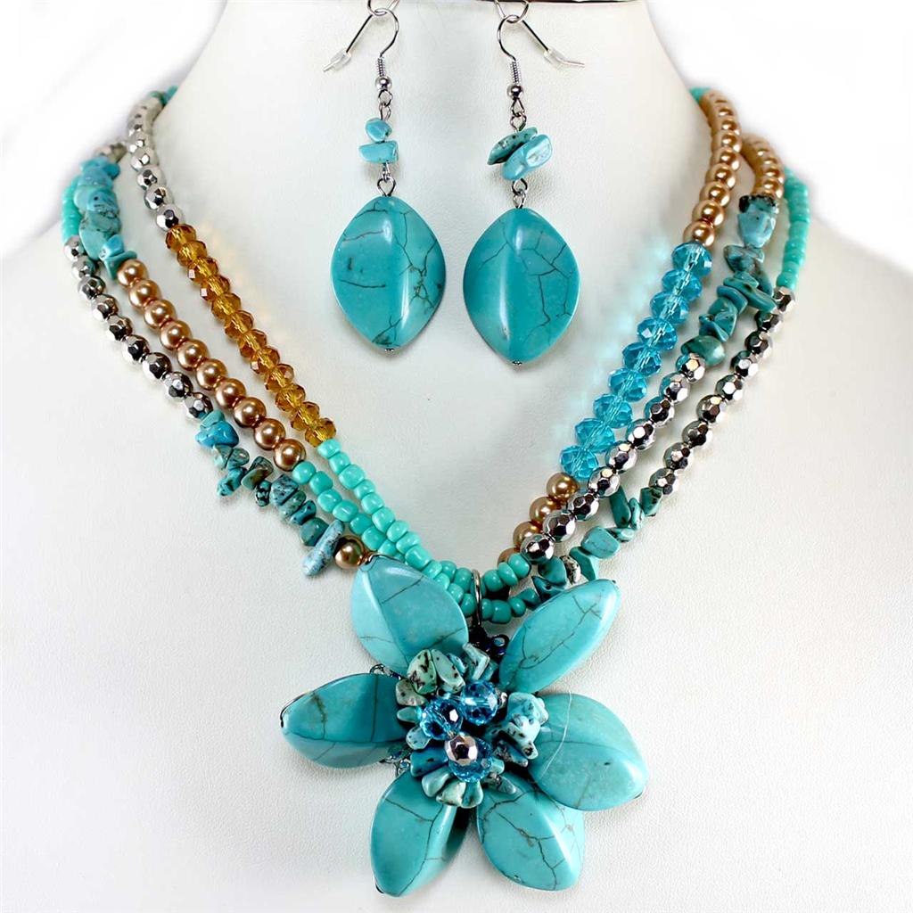 Chunky Turquoise Flower Stone Shell Pearl Bead Necklace