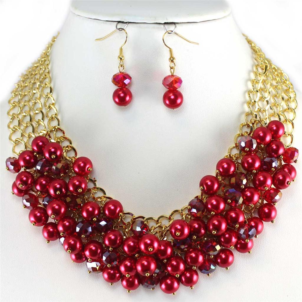 Chunky Red Faux Pearl Cluster Multi Chain Gold Necklace ...