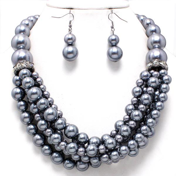 Chunky Grey Layered Pearl Crystal Silver Statement Necklace Set Costume