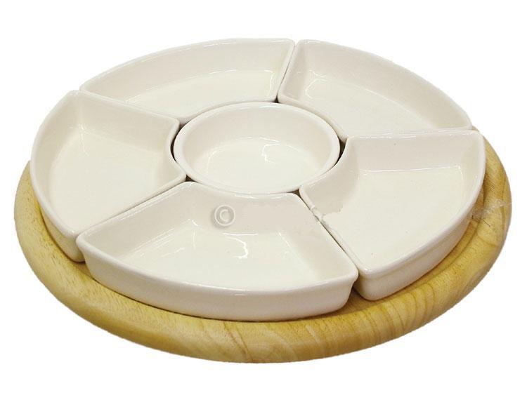 Wood TableTop Lazy Susan 5 Ceramic Food Serving Dishes eBay