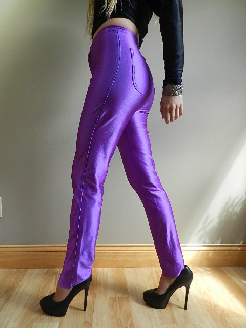Vtg 70s High Waist Spandex Disco Pants Trousers Rocker Punk Shiny Purple Retro 5892