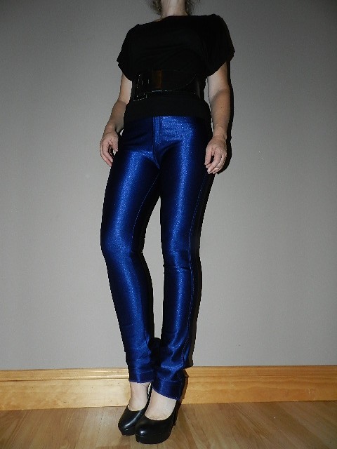 Vtg Spandex Disco High Waist Pants Trousers Navy Shiny Rocker Jeans