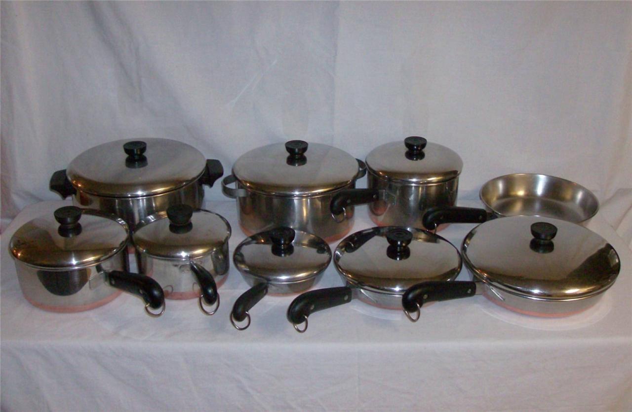 REVERE WARE 17 PIECE SET OF COPPER BOTTOM/COPPER CLAD COOKWARE IN GUC