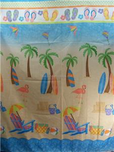 Fabric Shower Curtain Beach Flip Flops Surf Board Sand