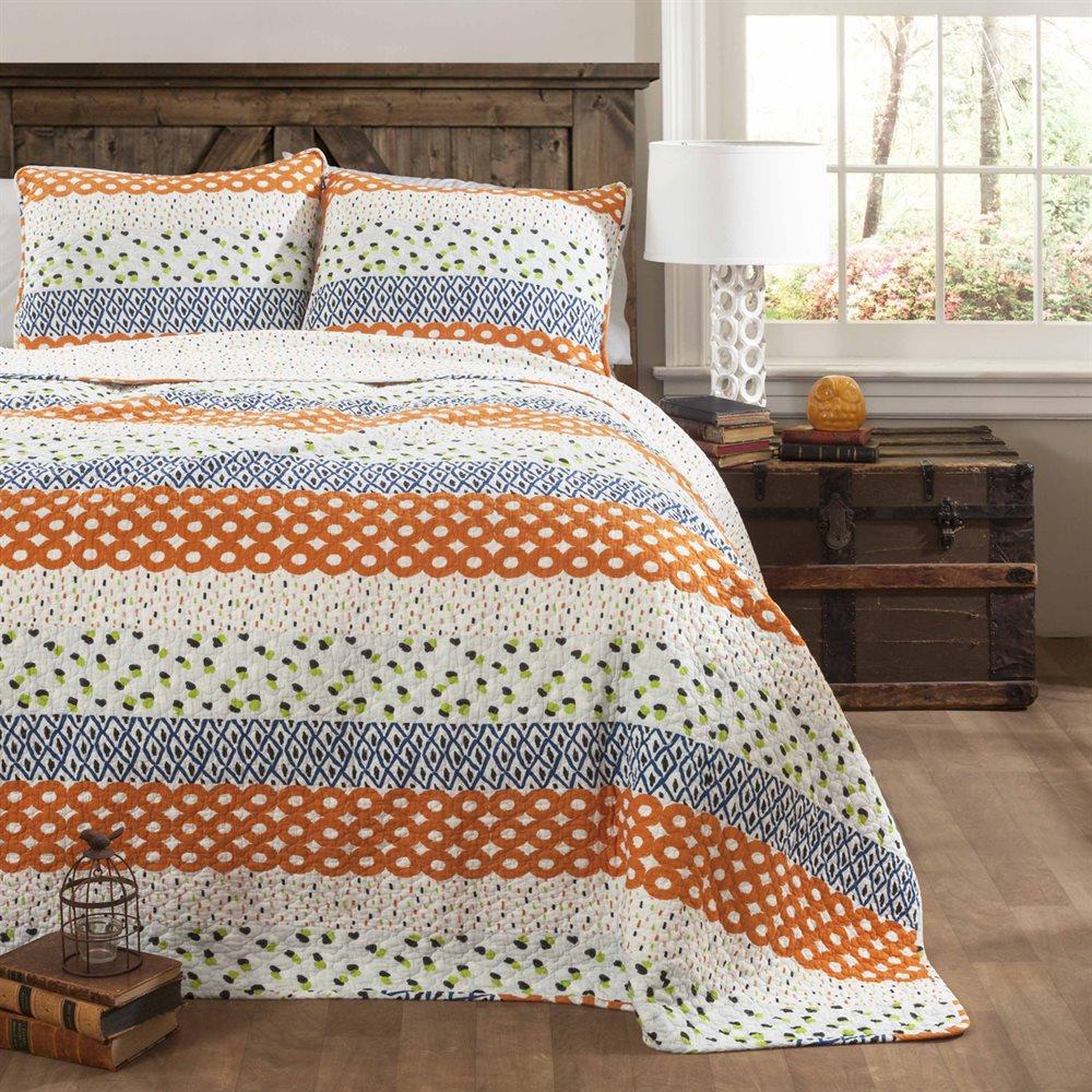 Modern Orange Lime Blue White Geometric Stripe Cotton Quilt Set Bedding