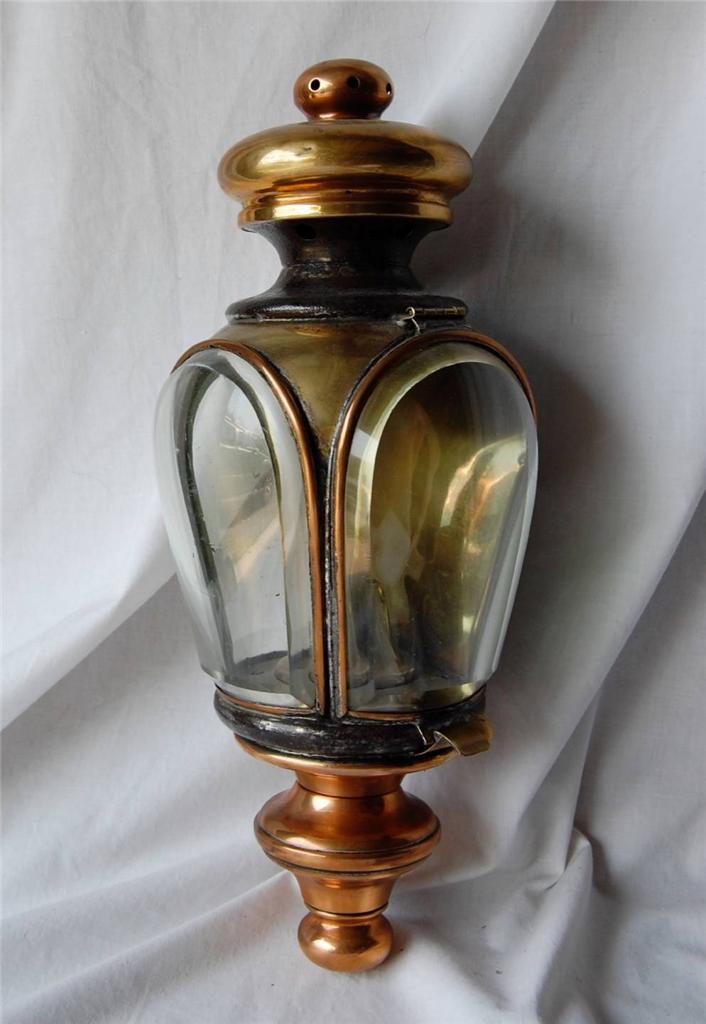 ANTIQUE BRASS HANGING EXTERIOR CANDLE LAMP BEVELED GLASS COACH LANTERN