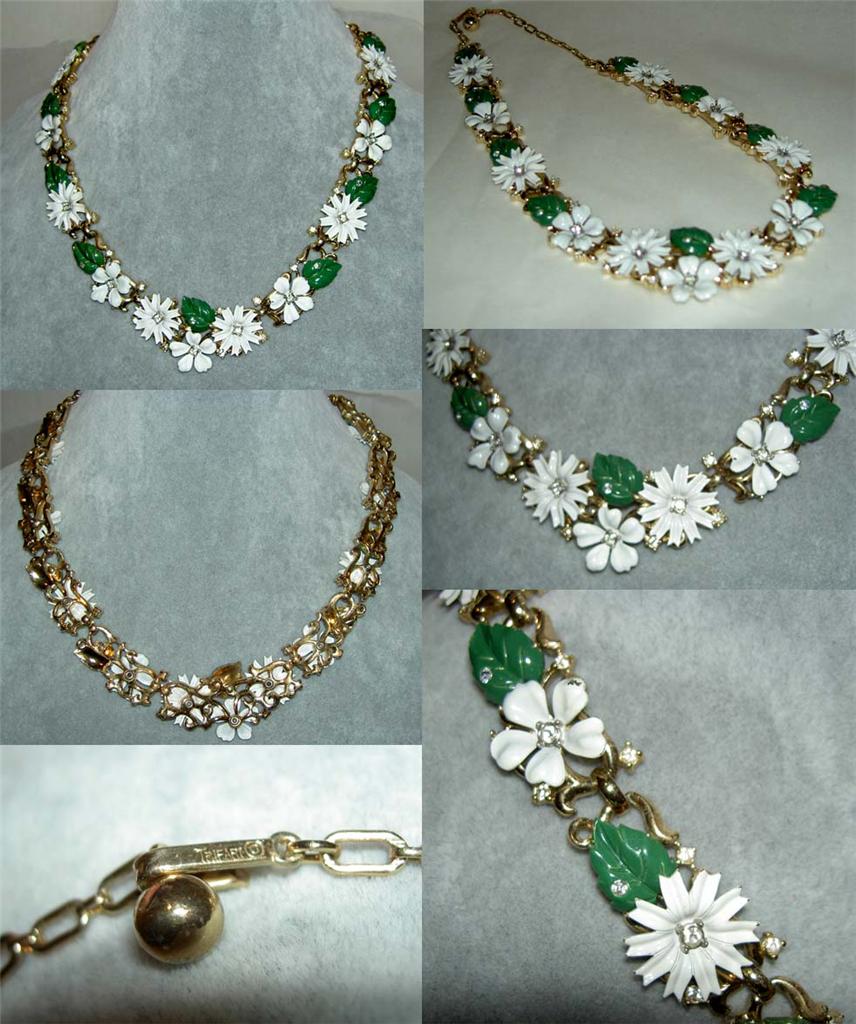 Rare Vintage Unusual 60's TRIFARI Rhinestone Enamel White Flower Leaves