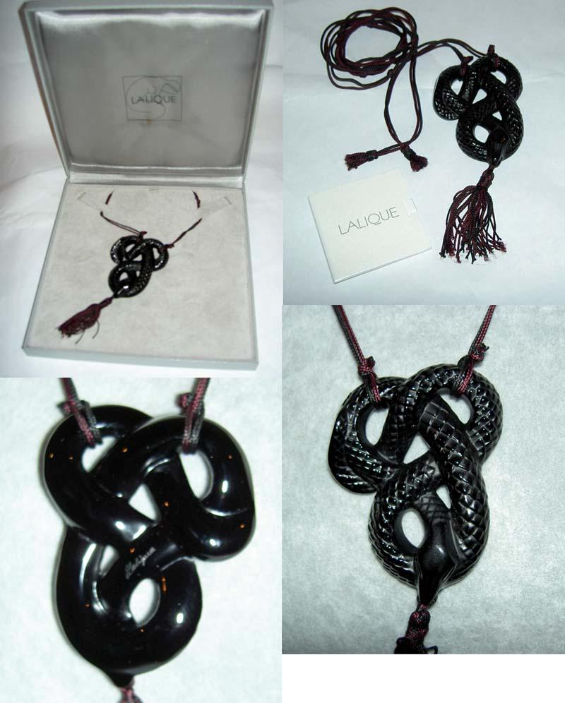 Authentic LALIQUE Serpent Snake Black Crystal Necklace with Tassel New