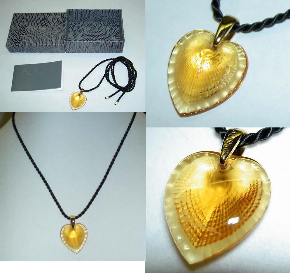 Authentic LALIQUE France Amber Yellow TELLINE Heart Crystal Pendant