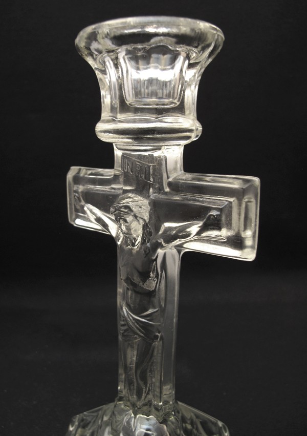 ANTIQUE GLASS CRUCIFIX CANDLE STICK HOLDER 1930s DEPRESSION ERA JESUS