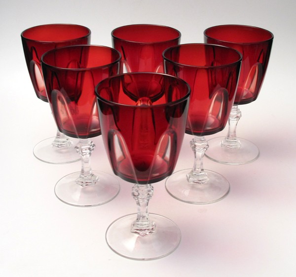 6x VINTAGE RUBY RED CUT TO CLEAR FRENCH GLASS STEMMED WINE GLASSES